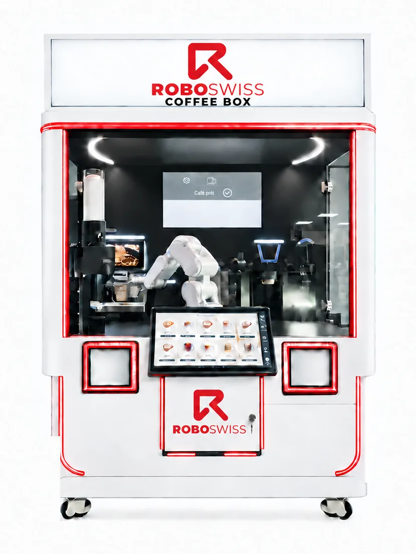 The CoffeeBOX machine: a robotic arm behind the glass, an ordering touchscreen and two serving hatches.
