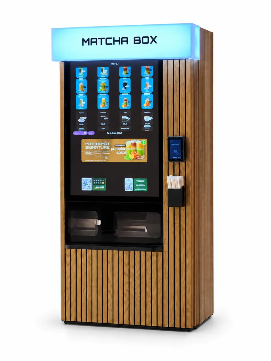 The MatchaBOX vending machine: timber-batten cladding, an illuminated sign, an ordering screen and two serving hatches.